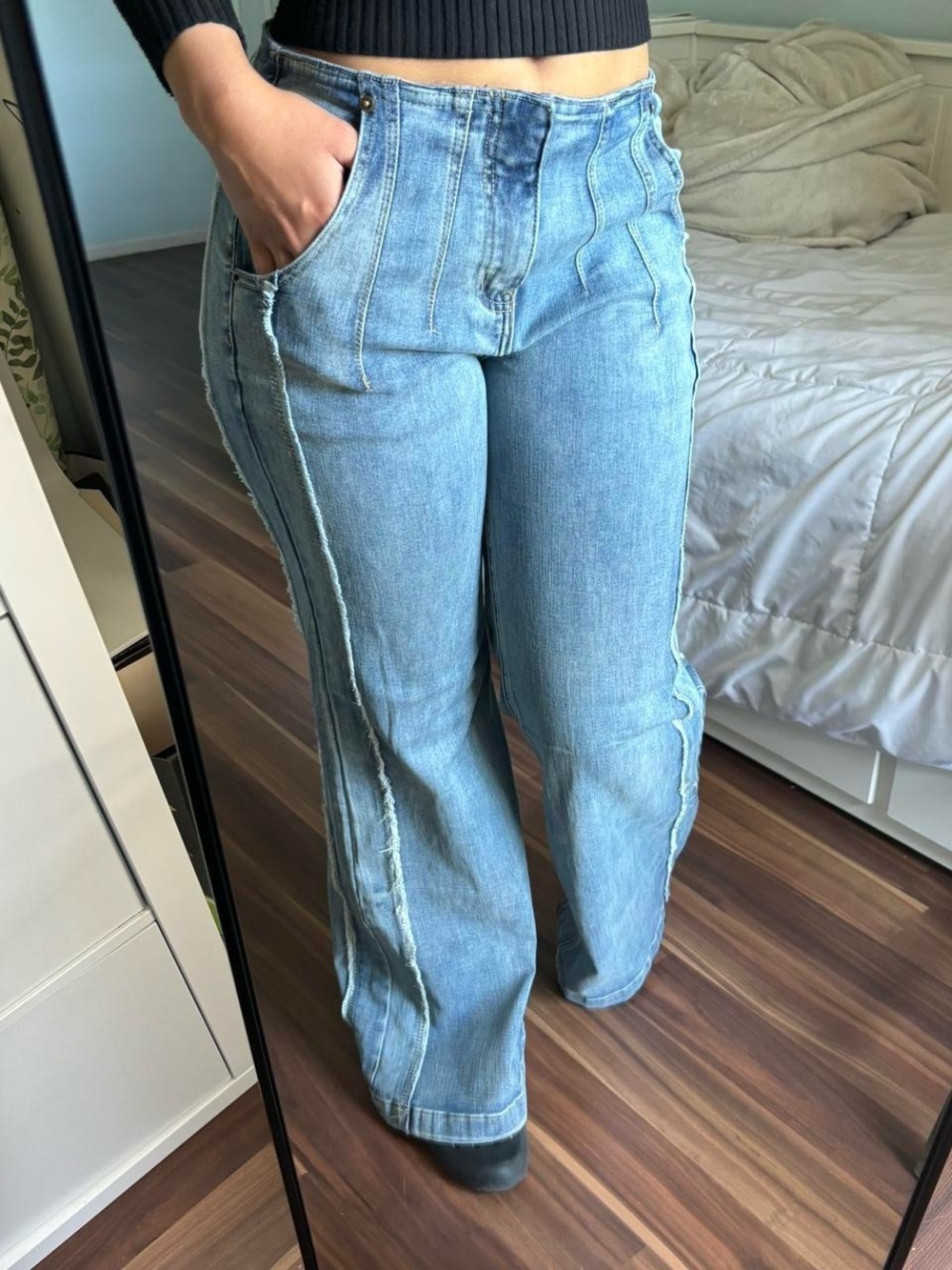 Fashion Nova Light Wash Raw-Seam Wide Leg Jeans